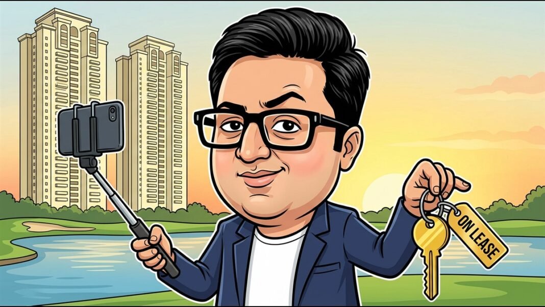 ashneer-grover-dlf-camellias-on-lease-cartoon Cartoon caricature of Ashneer Grover vlogging at DLF Camellias, holding a key tagged On Lease