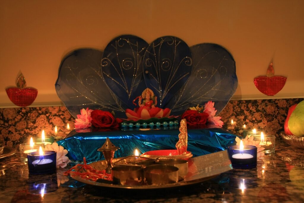 Goddess Lakshmi set up at home for Diwali puja