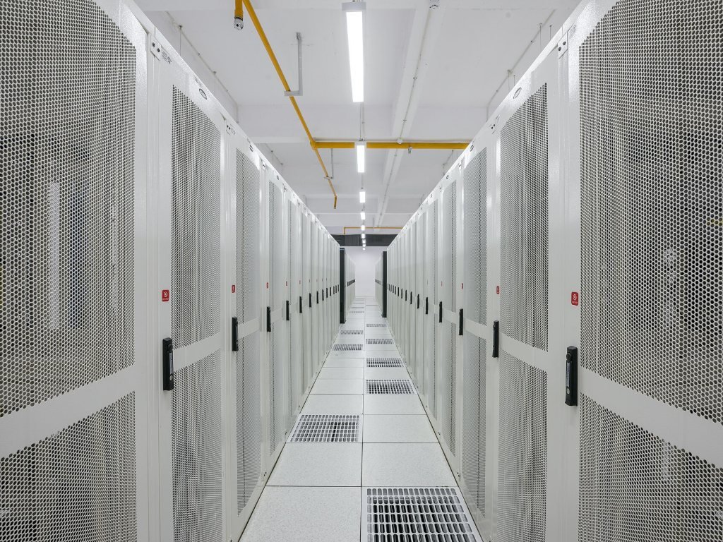 Rows of server racks inside a data centre in Amaravati, India