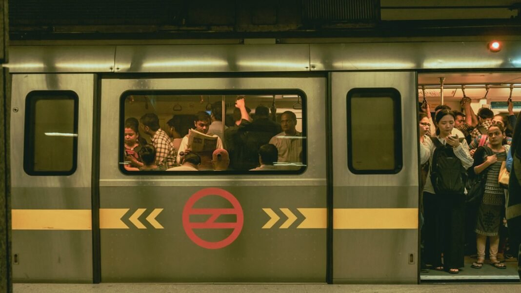 A crowded Delhi Metro train at a station