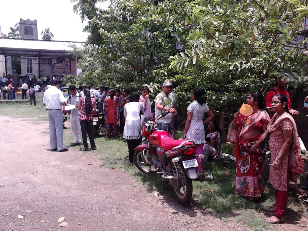 Candidates at an exam centre in India