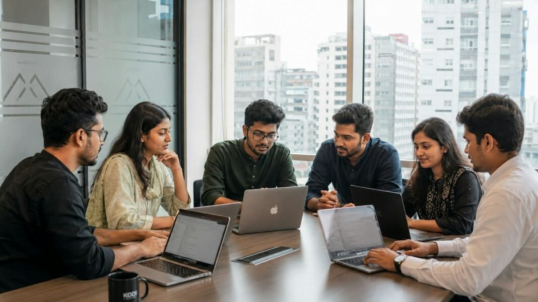 A young Indian startup team working on laptops around a meeting table