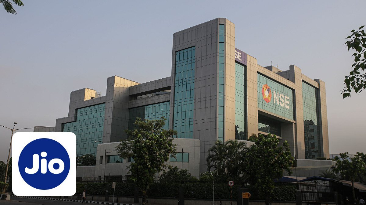 Reliance Jio logo over the National Stock Exchange building in Mumbai