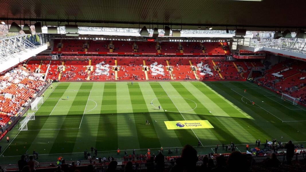 The pitch and stands at Anfield stadium in Liverpool The pitch and stands at Anfield stadium in Liverpool
