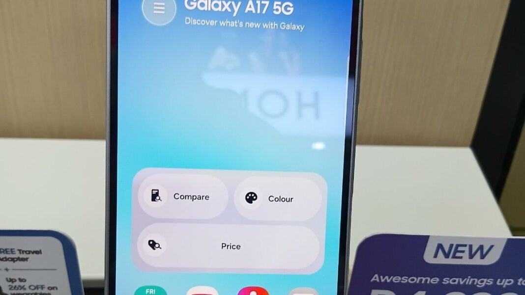 A Samsung Galaxy A17 5G on display, the phone the Galaxy F70 5G is reported to be based on A Samsung Galaxy A17 5G on display, the phone the Galaxy F70 5G is reported to be based on