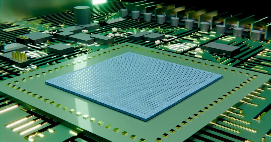 Close-up of a semiconductor chip on a circuit board
